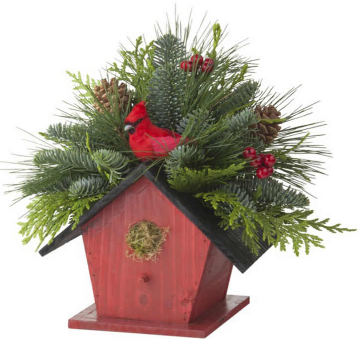 Birdhouse Centerpiece w/ Cardinal-Decorative Evergreens-Christmas Delivered