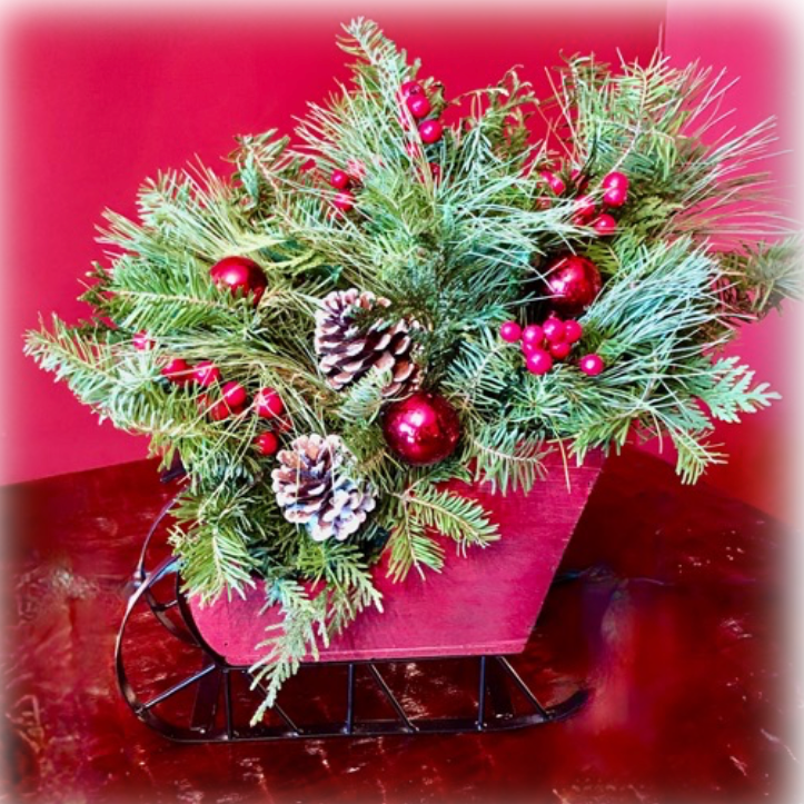 Sleigh Centerpiece, 12"-Decorative Evergreens-Christmas Delivered